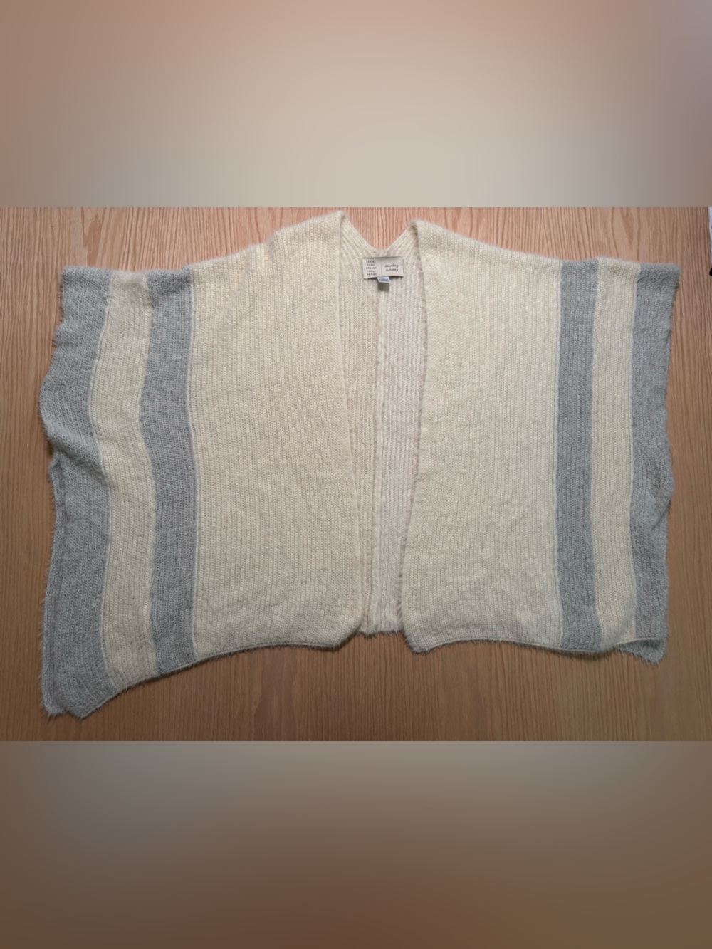 Open-Front Striped Cream & Light Gray Knit Poncho